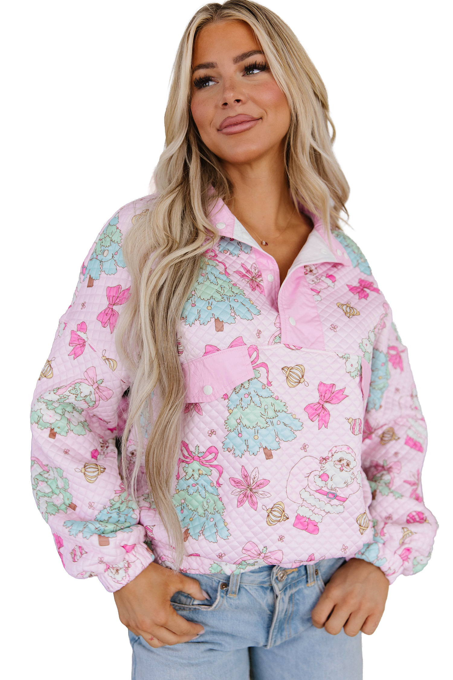 Pink Quilted Women's Sweatshirt, Casual Christmas Pullover - Detail View 22