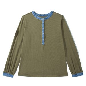 Womens Ribbed Henley Blouse, Casual Denim Trim Top - Main View