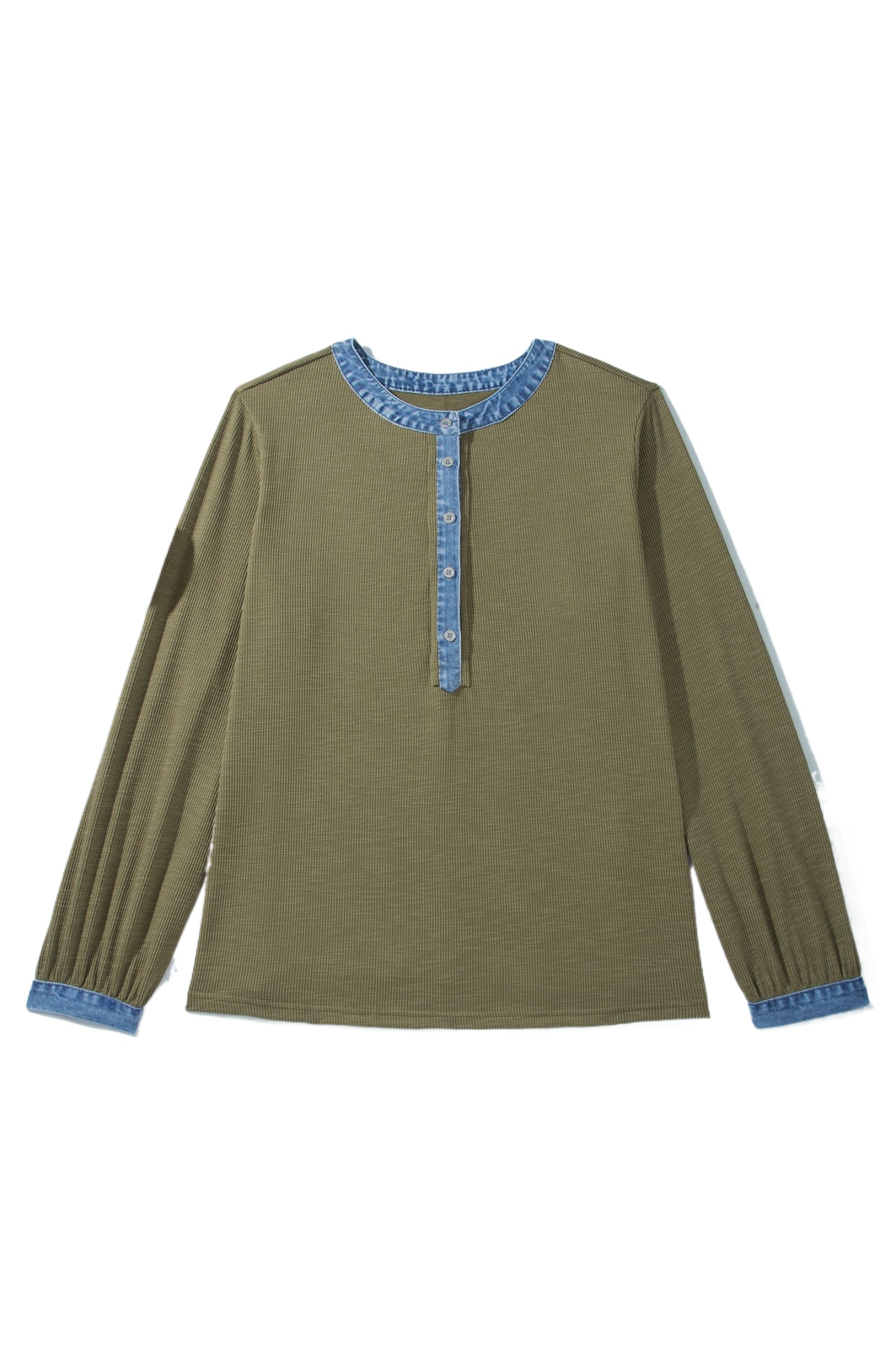 Womens Ribbed Henley Blouse, Casual Denim Trim Top - Main View