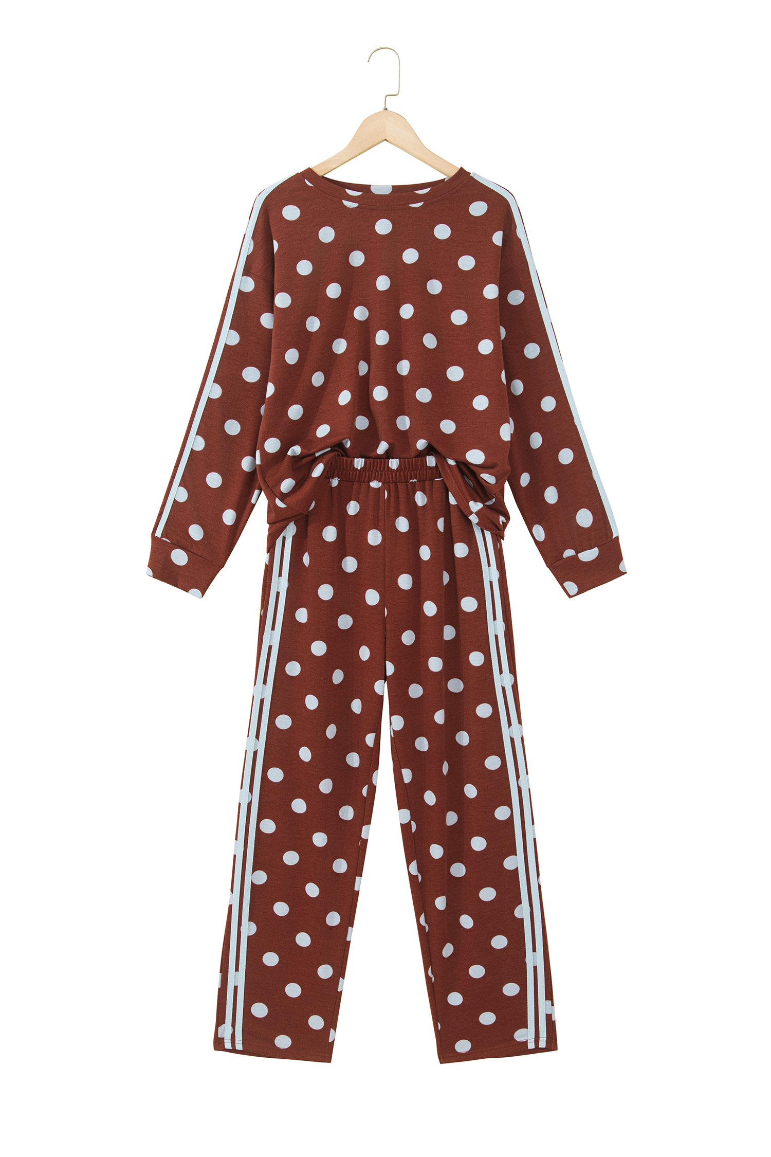 Chic Polka Dot Print Set, Long Sleeve Brown Tracksuit - Detail View 2
