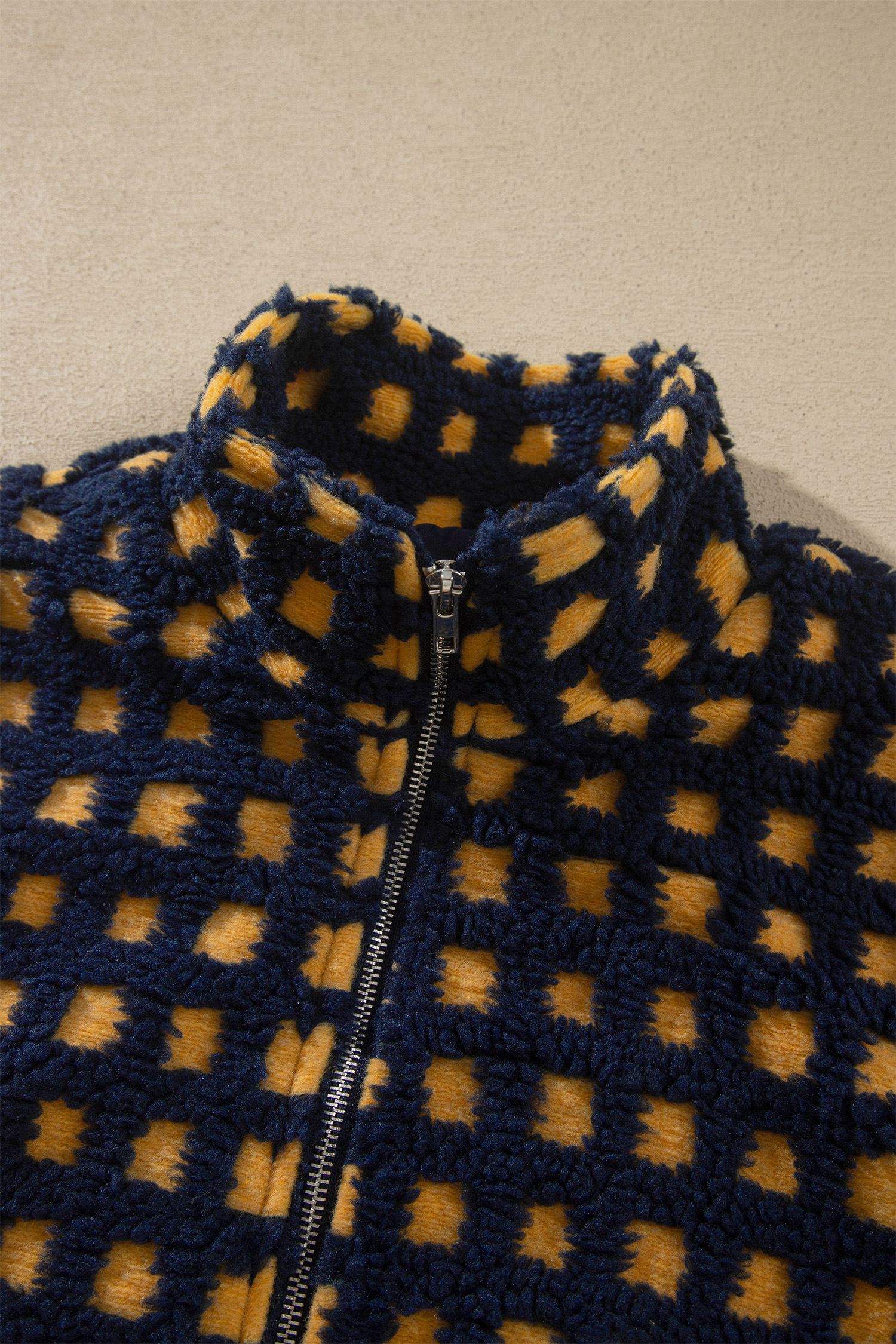 Blue Plaid Stand Neck Sherpa Jacket, Trendy Zip Outerwear - Detail View 5