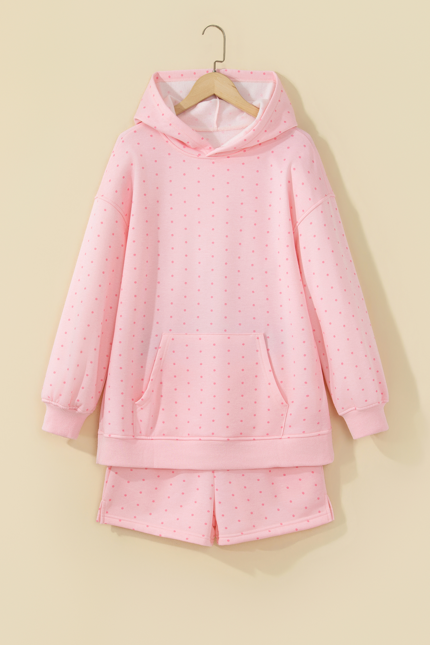 Cozy Pink Polka Dot Hoodie Shorts Set, Soft Women Outfit - Detail View 6