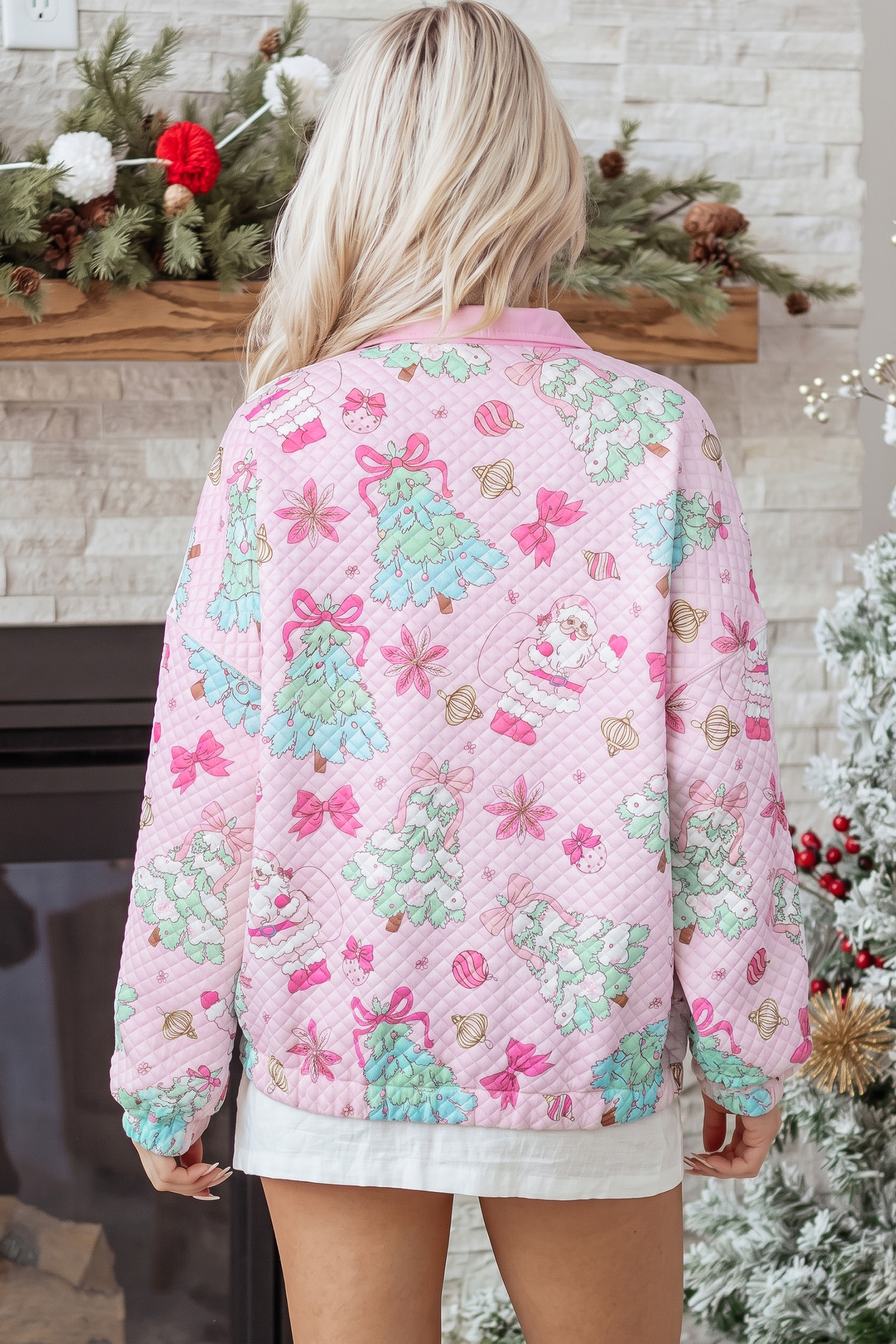 Festive Print Women's Pullover, Cute Quilted Button Top - Detail View 5