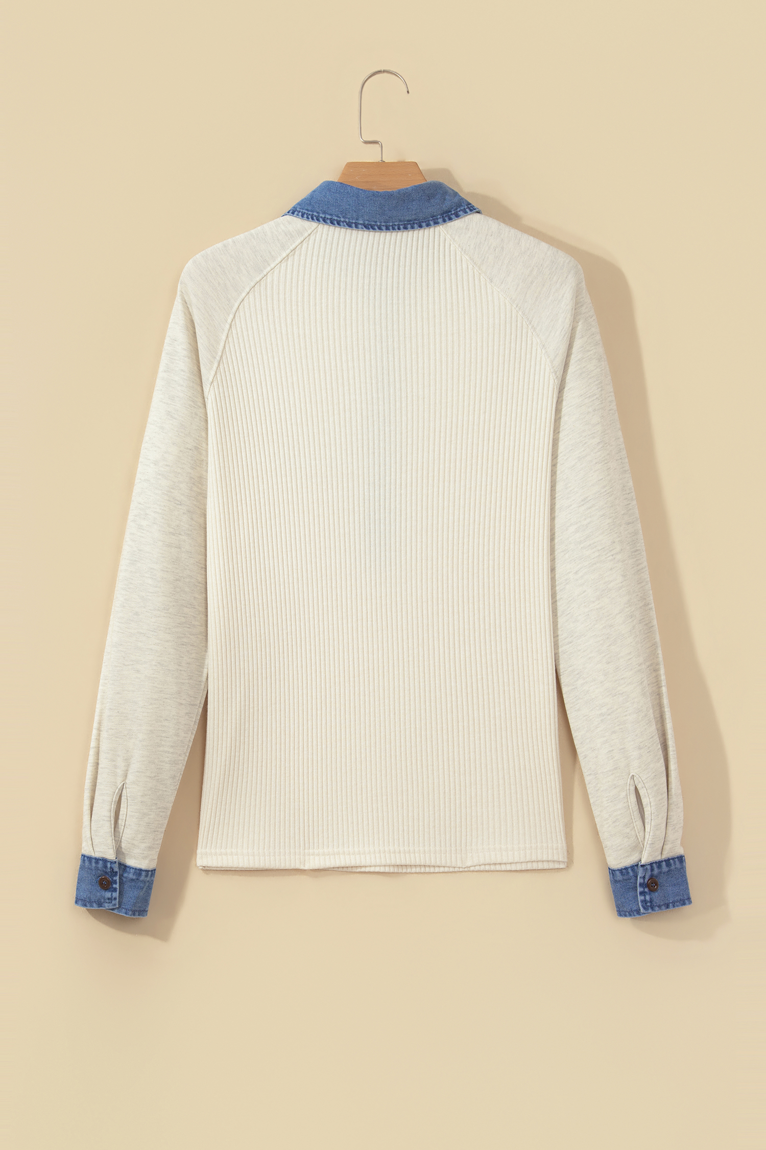 Ribbed Denim Trim Top, Casual Fall Pullover for Women - Detail View 7