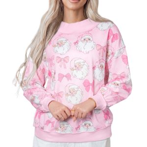 Women's Casual Santa Sweatshirt, Pink Drop Shoulder Pullover - Main View