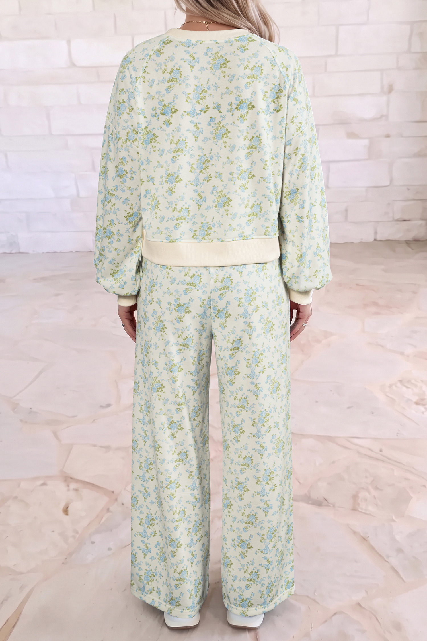 Floral Print Wide Leg Set, Cozy Autumn Loungewear Women - Detail View 2