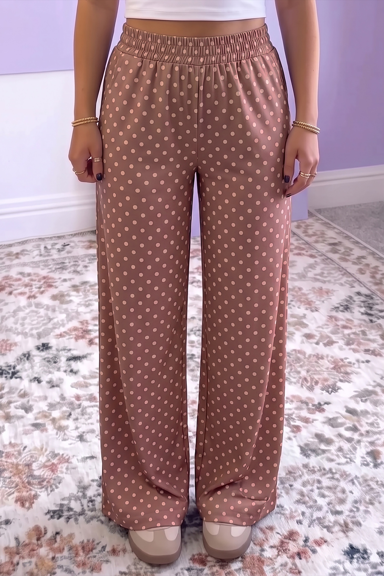 Comfy Polyester Women's Loose Pants, Brown Polka Dot Lounge - Detail View 3