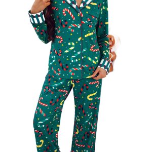 Women's Candy Cane Pajama Set, Long Sleeve Sleepwear - Main View