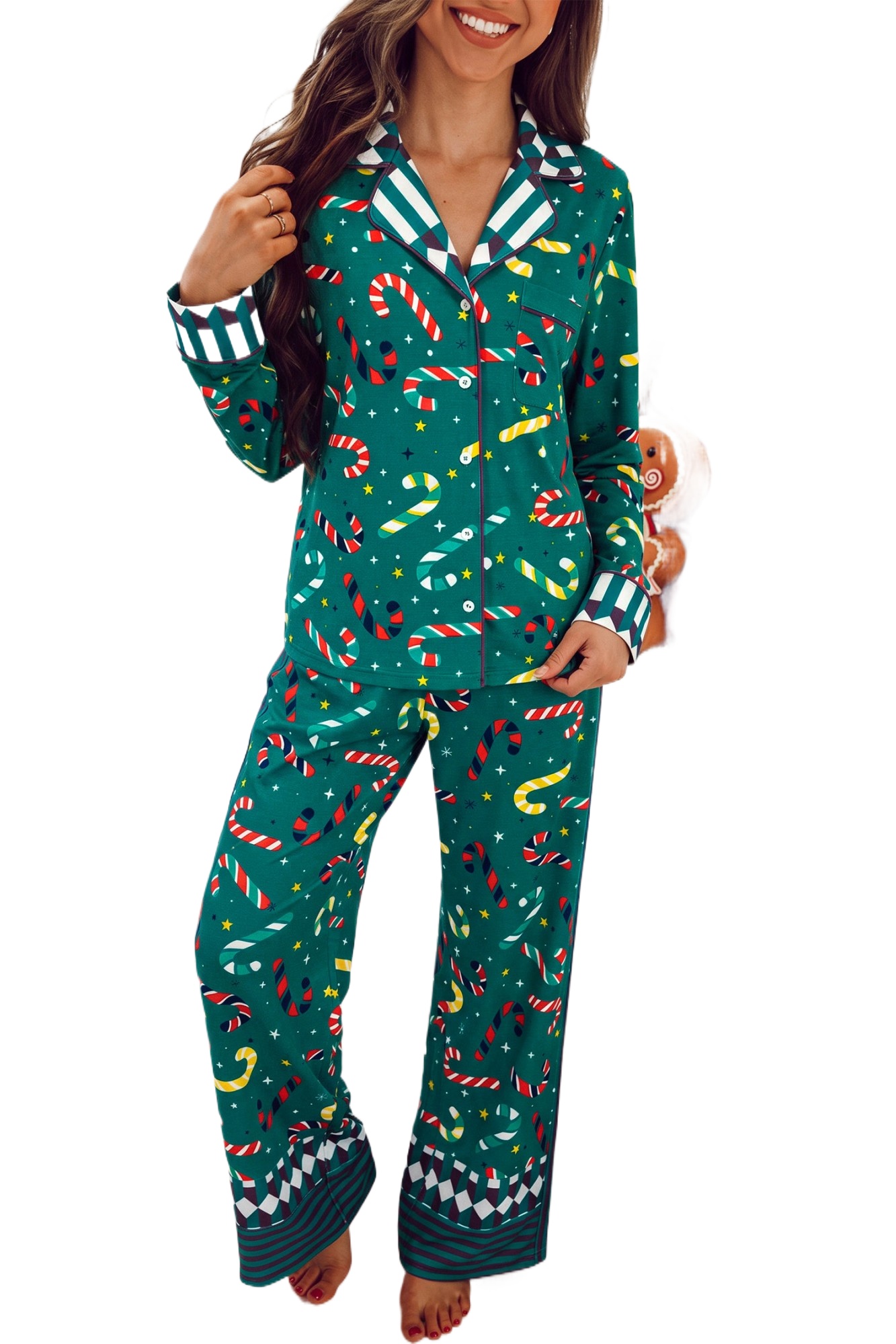 Women's Candy Cane Pajama Set, Long Sleeve Sleepwear - Main View