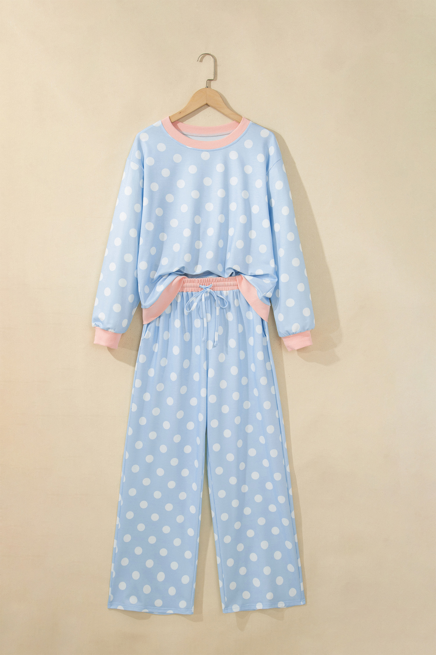 Women's Long Sleeve Lounge Set, Polka Dot Drawstring Pants - Detail View 3