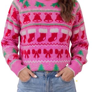 Pink Knit Christmas Sweater, Casual Long Sleeve Women Top - Main View