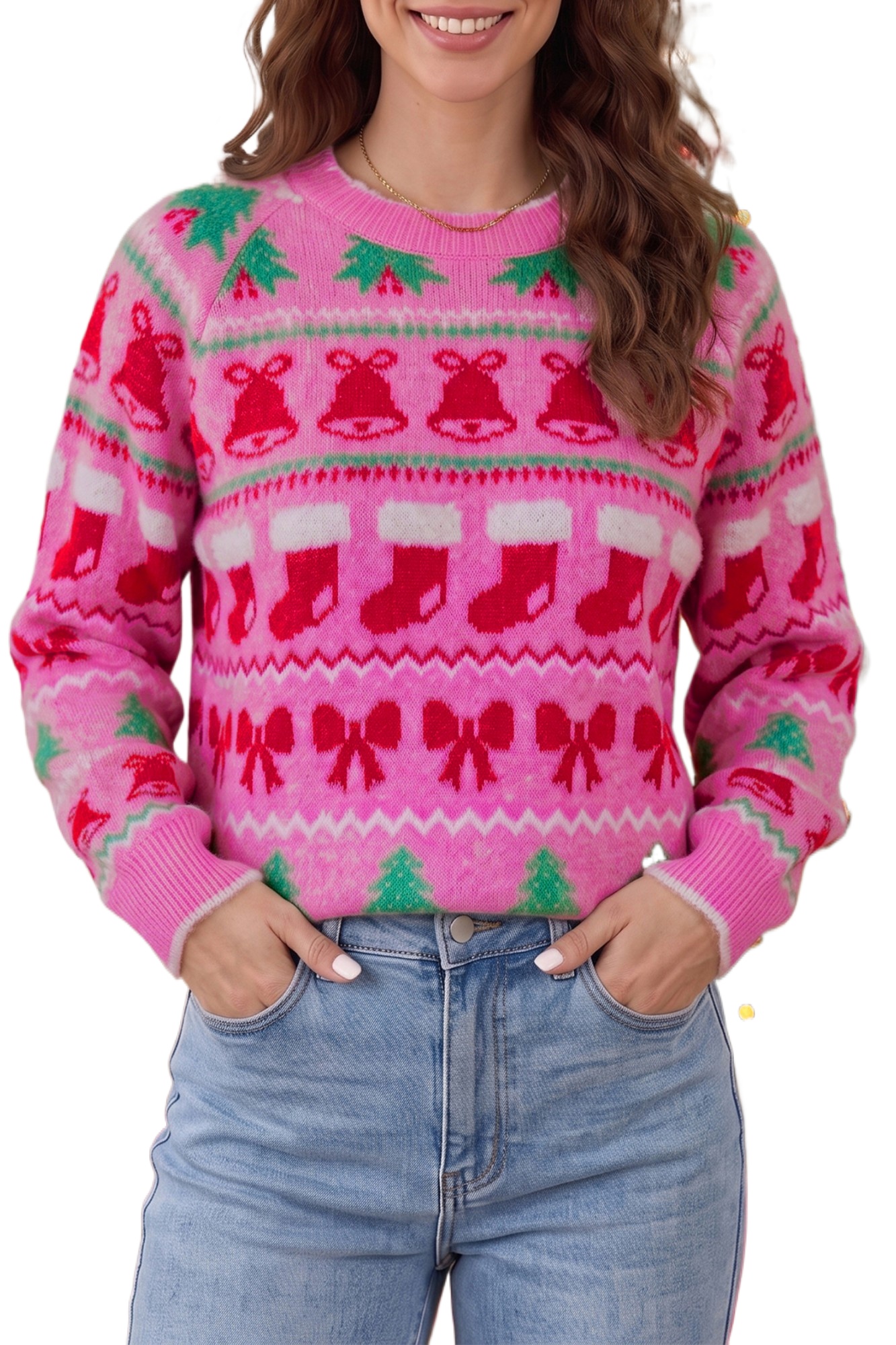 Pink Knit Christmas Sweater, Casual Long Sleeve Women Top - Main View