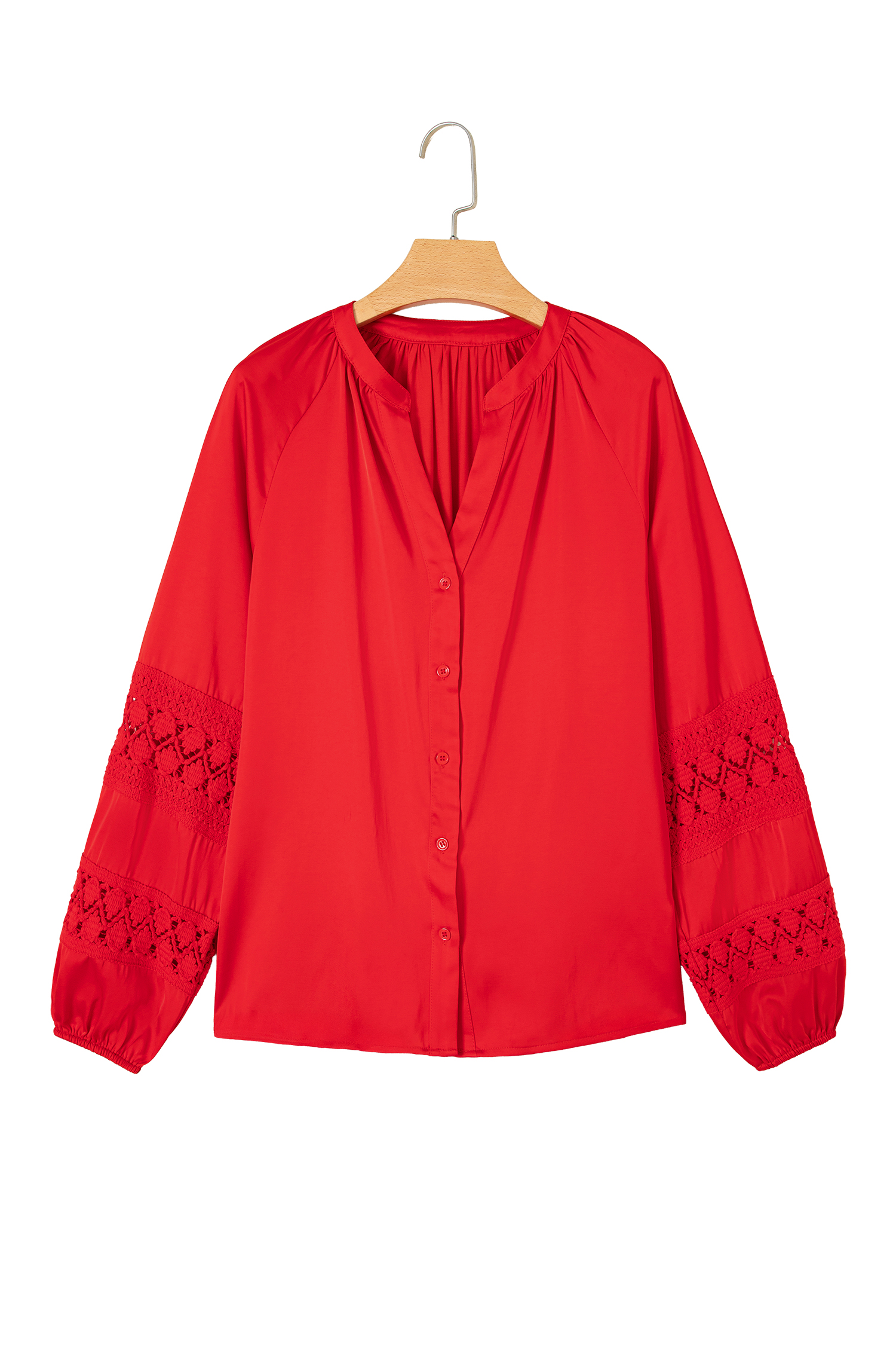 Women's Satin Button Up Blouse, Office Lace Patchwork Top - Detail View 5