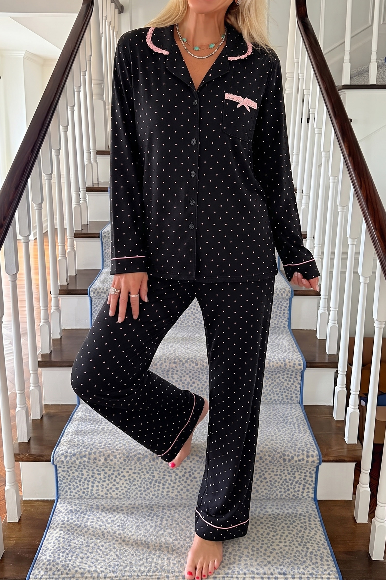Soft Cotton Blend Pajama Set, Women's Long Sleeve PJs - Detail View 3